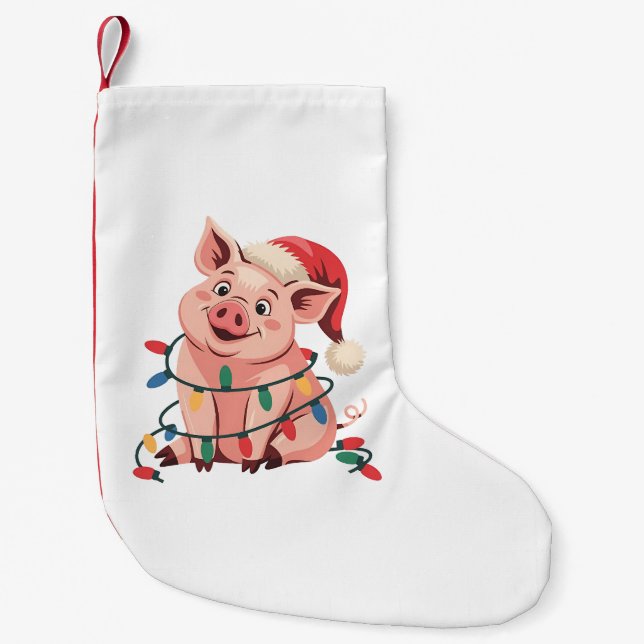 Christmas Lights Pig Wearing Xmas Hat - Pig Lover Small Christmas Stocking (Front)