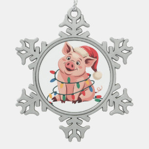 Christmas Lights Pig Wearing Xmas Hat - Pig Lover Snowflake Pewter Christmas Ornament