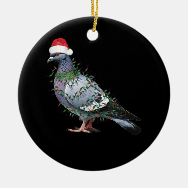 Christmas Lights Pigeon Wearing Xmas Santa Hat Pig Ceramic Ornament (Front)