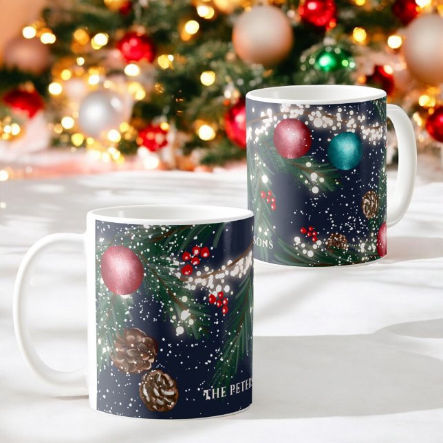 Christmas lights pine branches snow blue festive coffee mug (Christmas lights pine branches snow blue festive coffee mug)
