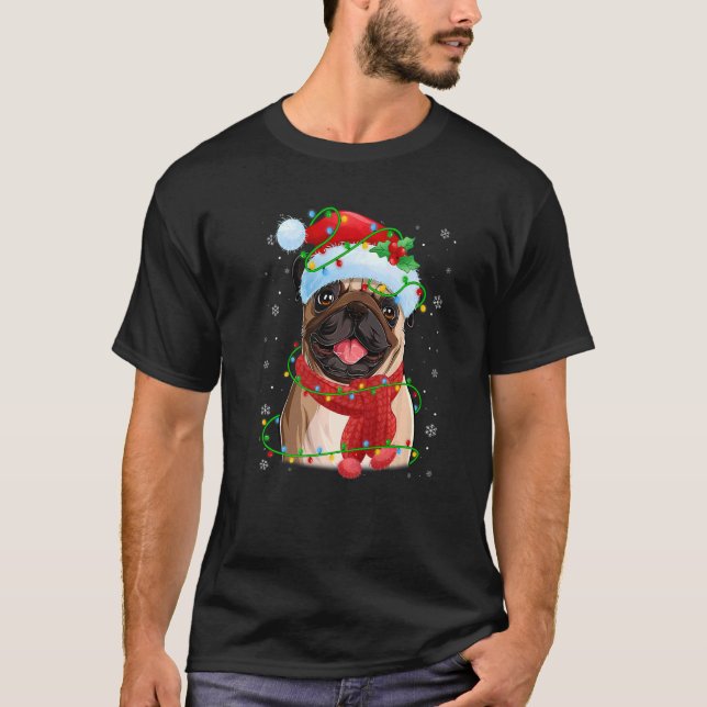 Christmas Lights Pug Dog Santa Hat Scarf  T-Shirt (Front)