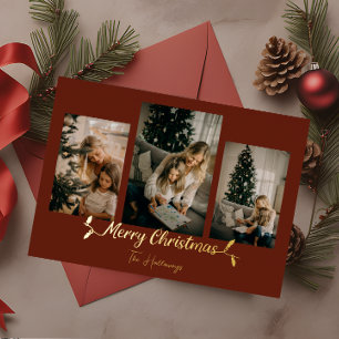 Christmas Lights Red 3 Photo Foil Holiday Card