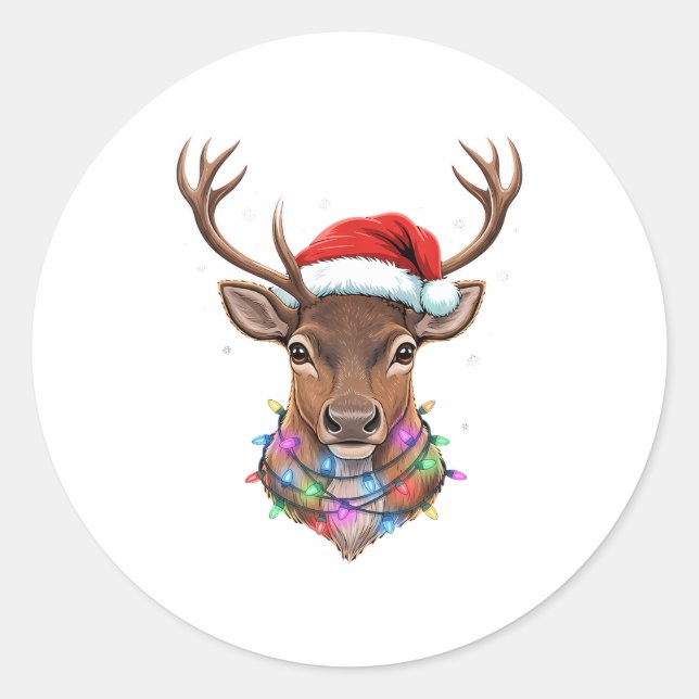 Christmas Lights Reindeer Santa Hat Cute Xmas Paja Classic Round Sticker (Front)