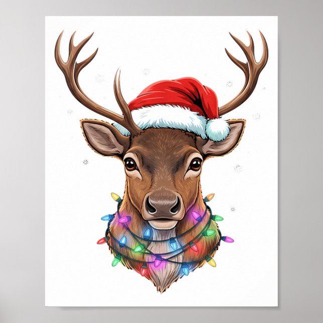Christmas Lights Reindeer Santa Hat Cute Xmas Paja Poster (Front)