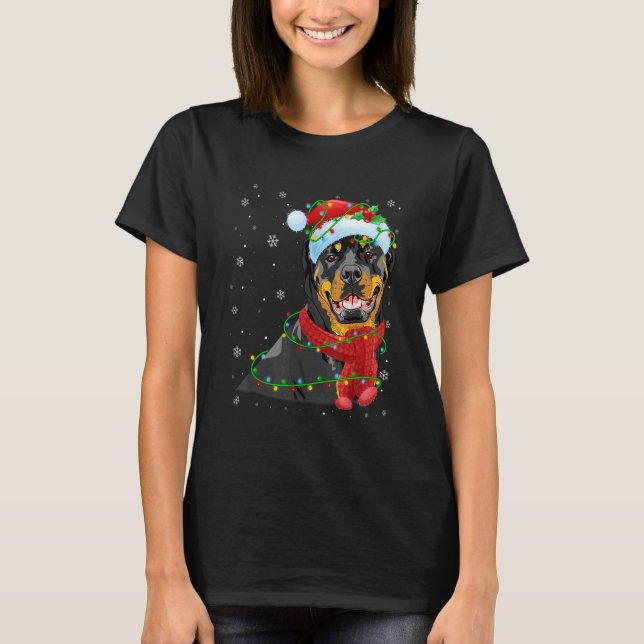 Christmas Lights Rottweiler Dog Santa Hat Scarf T-Shirt (Front)