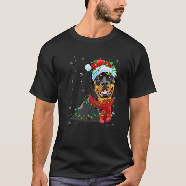 Christmas Lights Rottweiler Dog Santa Hat Scarf  T-Shirt (Front)