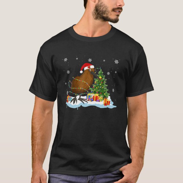 Christmas Lights Santa Kiwi Bird Funny Kiwi Lover  T-Shirt (Front)
