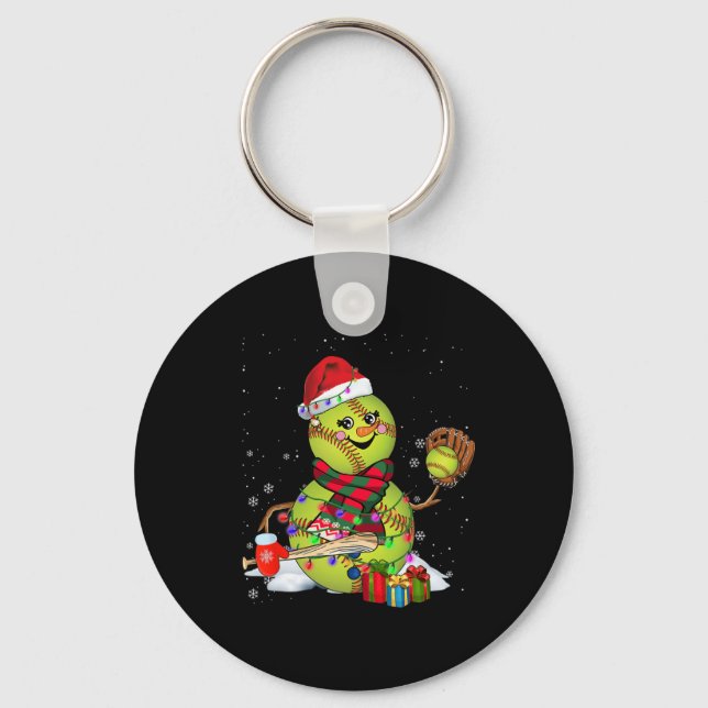 Christmas Lights Santa Snowman Playing Softll  Key Ring (Front)