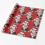 Christmas Lights Sheepadoodle Red Wrapping Paper<br><div class="desc">Cute Cartoon Black & White Sheepadoodle Puppy wearing Santa hat,  red and white striped scarf,  wrapped in christmas lights. Adorable sheepadoodle red holiday wrapping paper!</div>