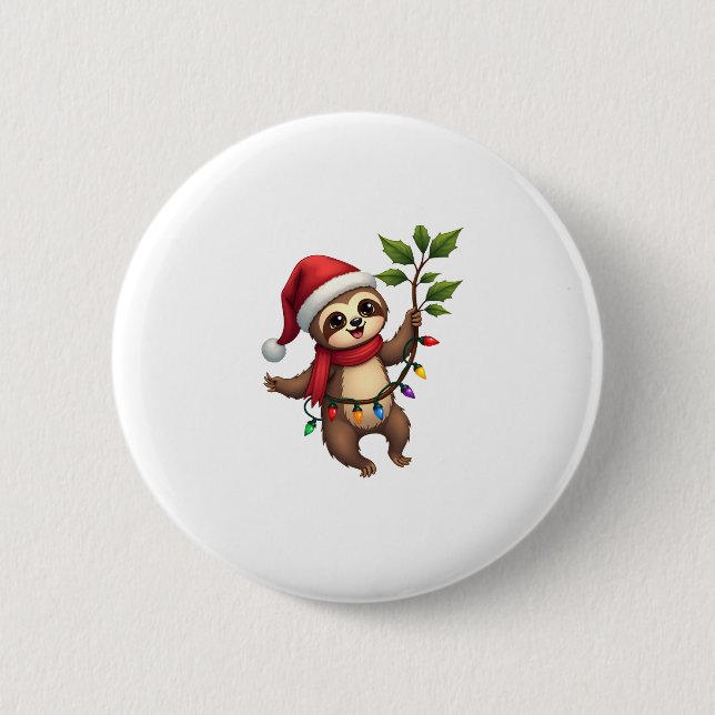 Christmas Lights Sloth Wearing Xmas Hat - Sloth Lo 6 Cm Round Badge (Front)