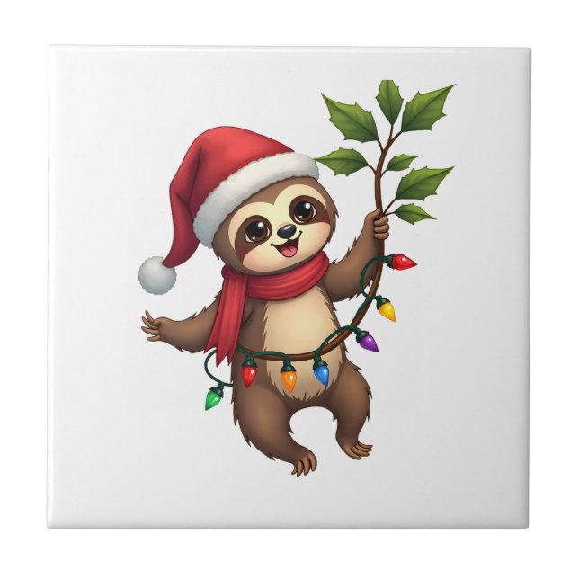 Christmas Lights Sloth Wearing Xmas Hat - Sloth Lo Ceramic Tile (Front)