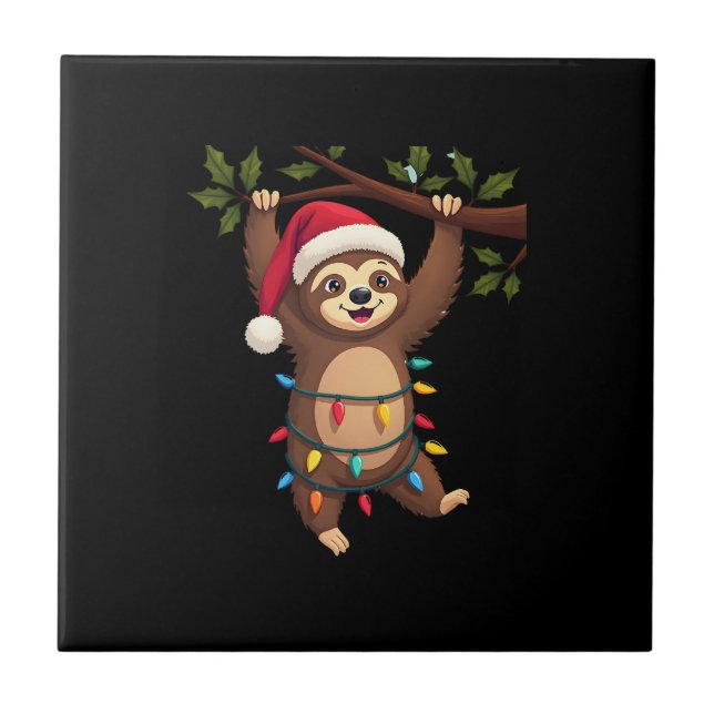 Christmas Lights Sloth Wearing Xmas Hat - Sloth Lo Ceramic Tile (Front)