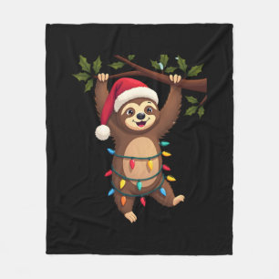 Christmas Lights Sloth Wearing Xmas Hat - Sloth Lo Fleece Blanket