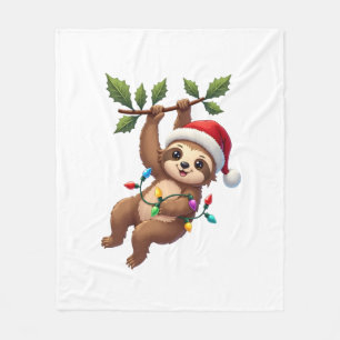 Christmas Lights Sloth Wearing Xmas Hat - Sloth Lo Fleece Blanket