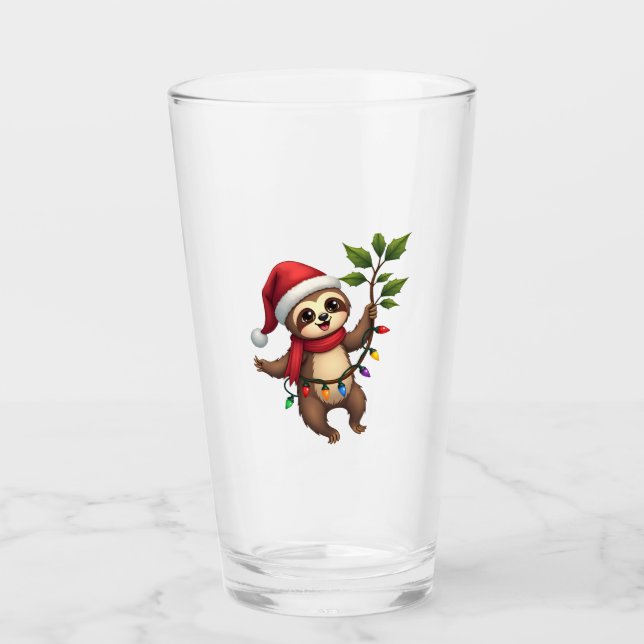 Christmas Lights Sloth Wearing Xmas Hat - Sloth Lo Glass (Front)