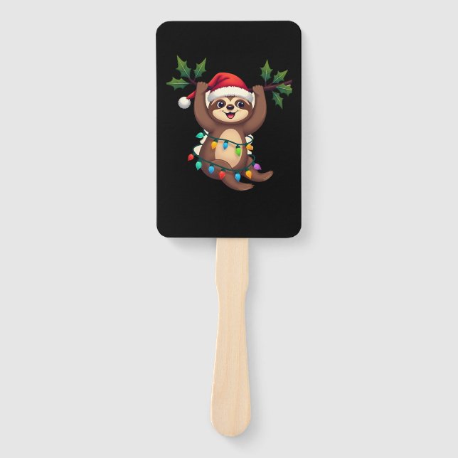 Christmas Lights Sloth Wearing Xmas Hat - Sloth Lo Hand Fan (Front)