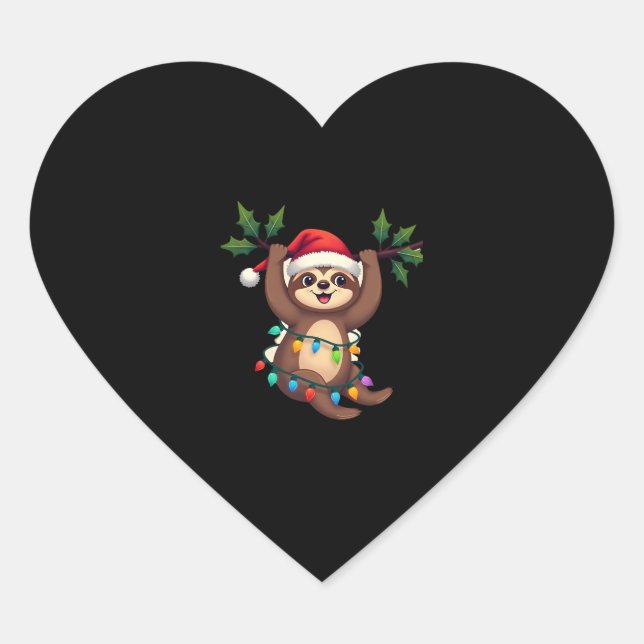Christmas Lights Sloth Wearing Xmas Hat - Sloth Lo Heart Sticker (Front)