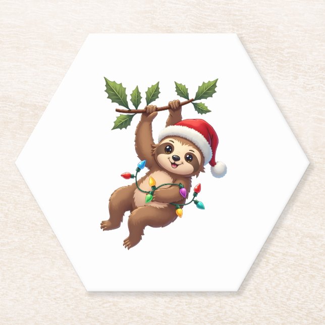 Christmas Lights Sloth Wearing Xmas Hat - Sloth Lo Paper Coaster (Front)