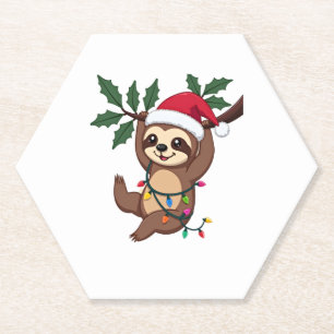 Christmas Lights Sloth Wearing Xmas Hat - Sloth Lo Paper Coaster