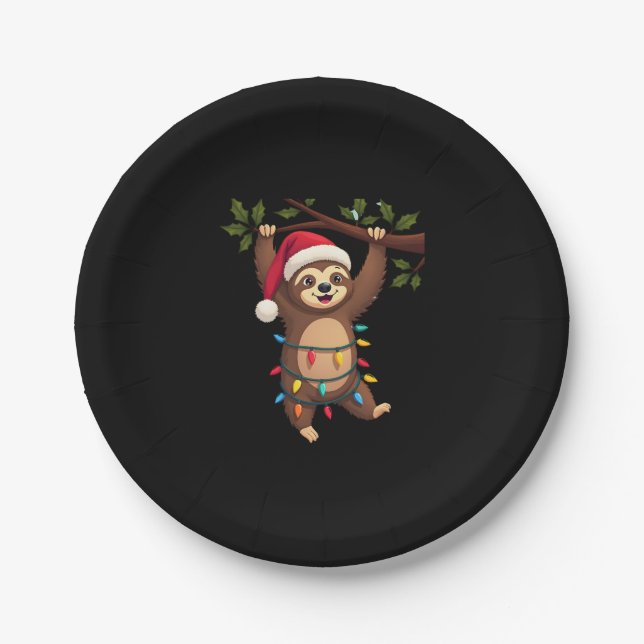 Christmas Lights Sloth Wearing Xmas Hat - Sloth Lo Paper Plate (Front)