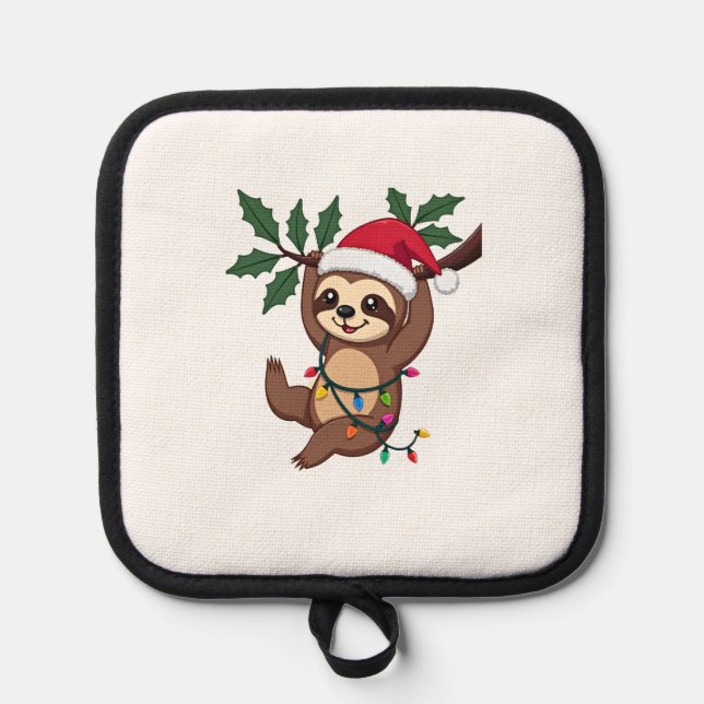 Christmas Lights Sloth Wearing Xmas Hat - Sloth Lo Pot Holder (Front)