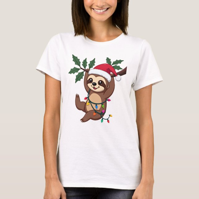 Christmas Lights Sloth Wearing Xmas Hat - Sloth Lo T-Shirt (Front)