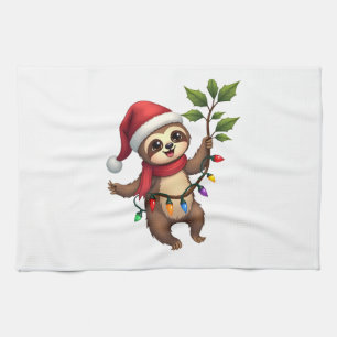 Christmas Lights Sloth Wearing Xmas Hat - Sloth Lo Tea Towel