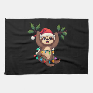 Christmas Lights Sloth Wearing Xmas Hat - Sloth Lo Tea Towel