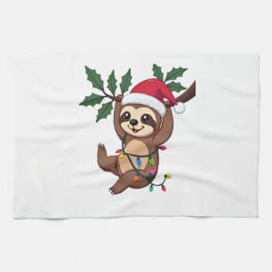 Christmas Lights Sloth Wearing Xmas Hat - Sloth Lo Tea Towel