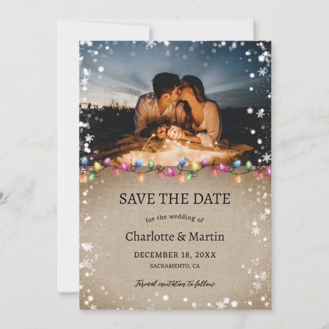 Christmas Lights Snowflakes Holiday Wedding Photo Save The Date (Front)