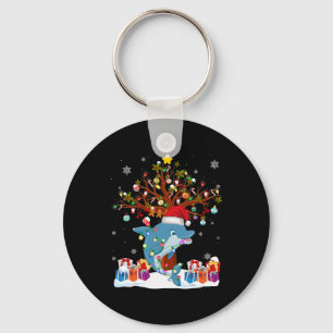 Christmas Lights Tree Dolphin Wearing Xmas Hat Dol Key Ring