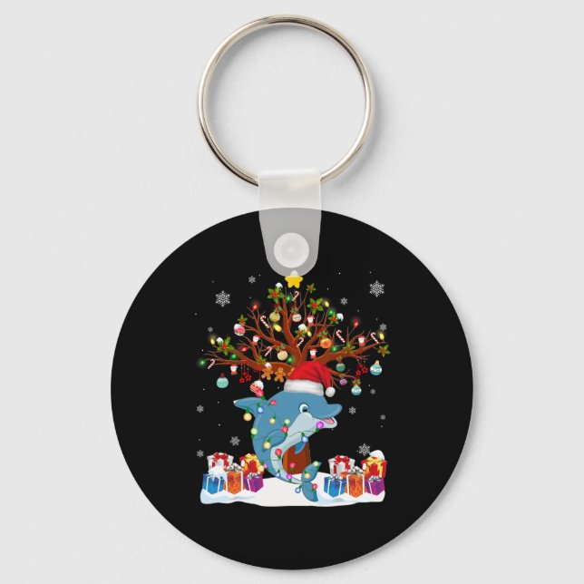 Christmas Lights Tree Dolphin Wearing Xmas Hat Dol Key Ring (Front)