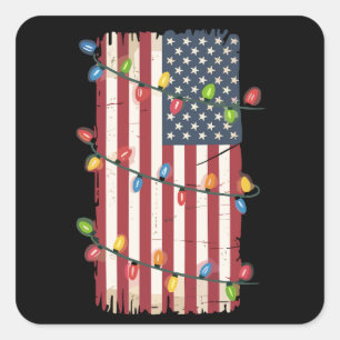 Christmas Lights USA Flag Patriotic Veteran Xmas Square Sticker