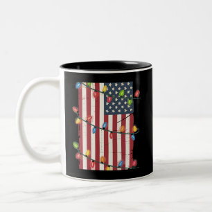 Christmas Lights USA Flag Patriotic Veteran Xmas Two-Tone Coffee Mug