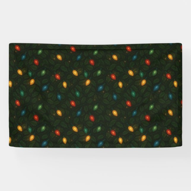 Christmas lights wrapped in holly leaves patterned banner (Horizontal)