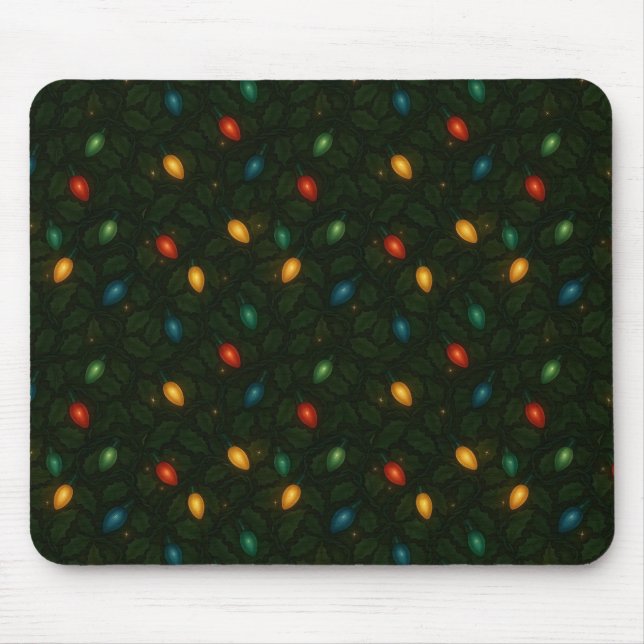 Christmas lights wrapped in holly leaves patterned mouse pad (Front)