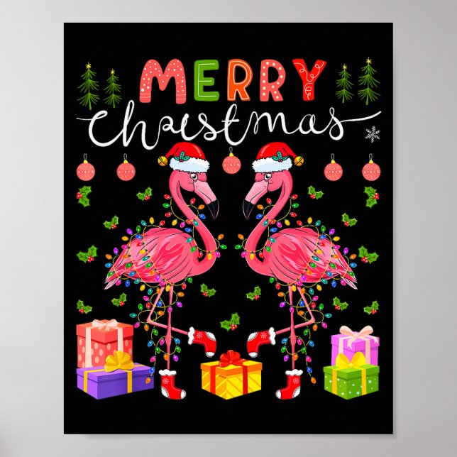 Christmas Lights Xmas Flamingo Lover Santa Hat Fla Poster (Front)