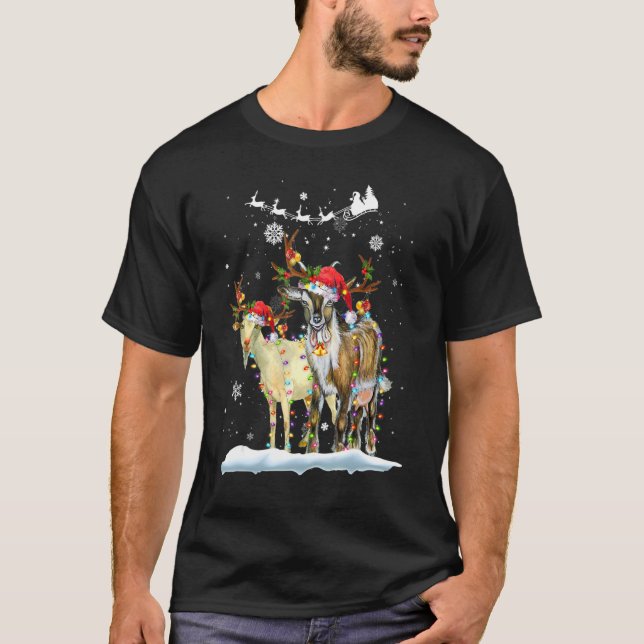 Christmas Lights  Xmas Santa Hat Goat Animals T-Shirt (Front)