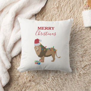 Christmas Lion Funny Animal with Santa Hat Cushion