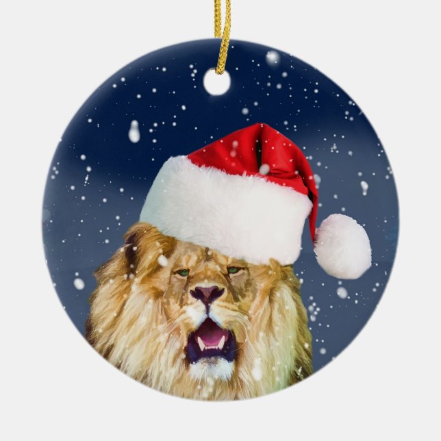 Christmas Lion in Santa Hat Ornament (Front)