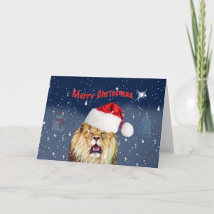 Christmas, Lion in Santa Hat, Star, Snow Holiday Card