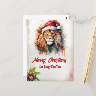 Christmas Lion Watercolor Postcard