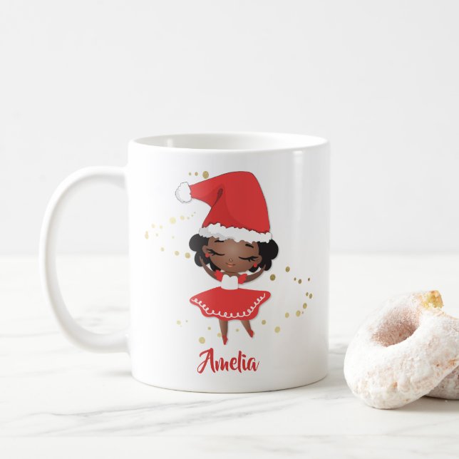 Christmas Little Girl Ballerina, Santa Hat Coffee Mug (With Donut)