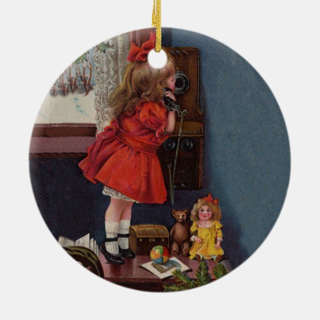 Christmas Little Girl Telephone Antique Ceramic Ornament (Back)