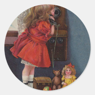 Christmas Little Girl Telephone Antique Classic Round Sticker