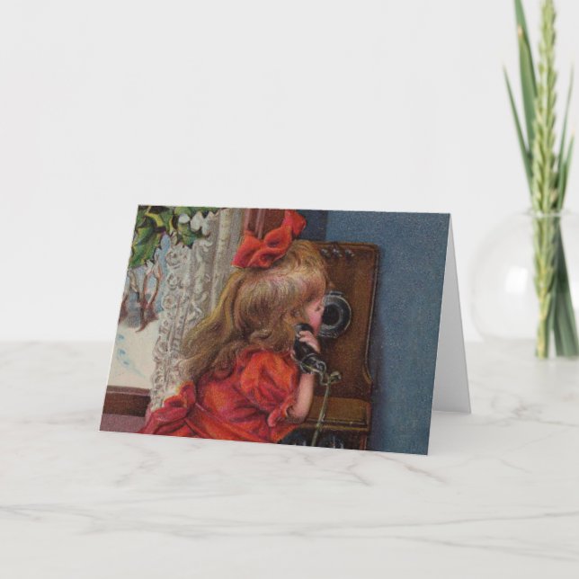 Christmas Little Girl Telephone Antique Holiday Card (Front)