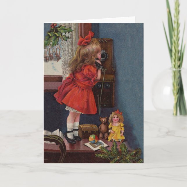 Christmas Little Girl Telephone Antique Holiday Card (Front)