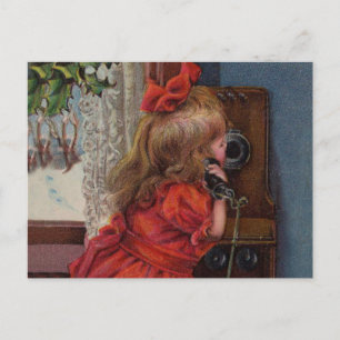 Christmas Little Girl Telephone Antique Holiday Postcard