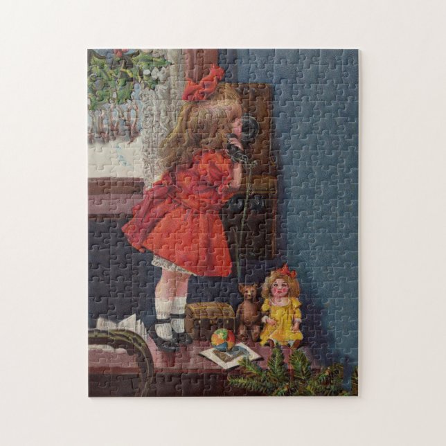 Christmas Little Girl Telephone Antique Jigsaw Puzzle (Vertical)