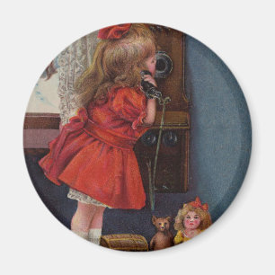 Christmas Little Girl Telephone Antique Magnet